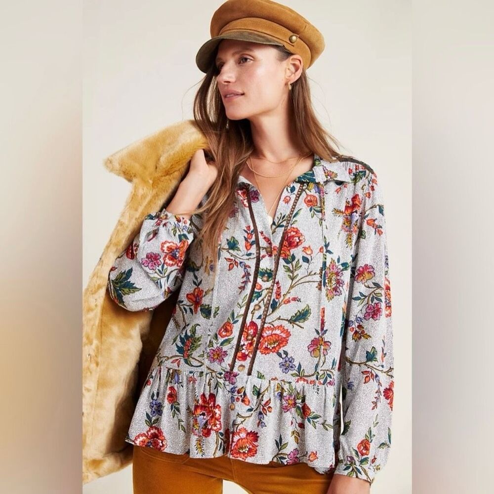 Maeve Cream Floral Ruffle-Hem Blouse with Red, Green & Purple Flowers